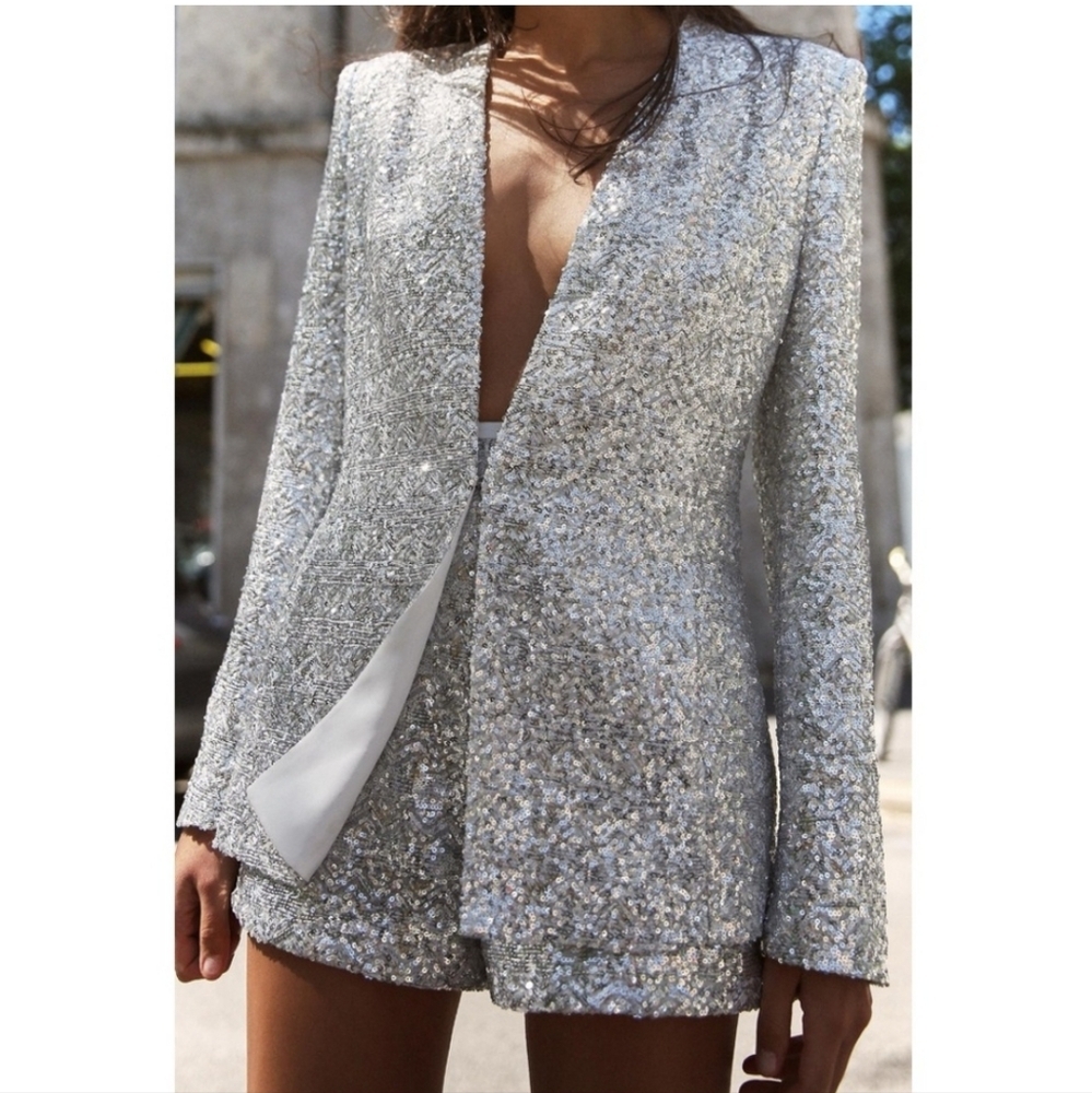 ZARA SEQUIN BLAZER SILVER GRAY Size XL